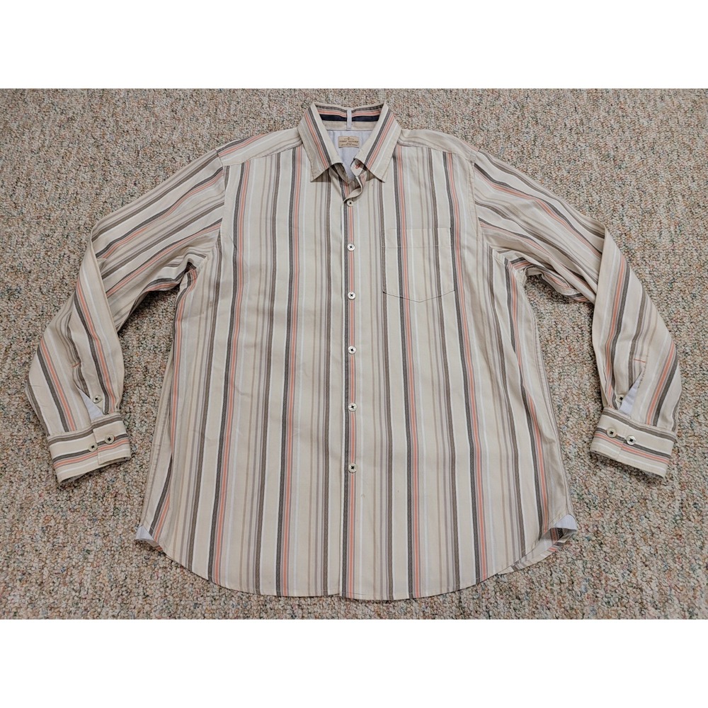 Tommy Bahama Jeans Shirt Mens Large Tan Stripe Island Crafted Cotton Button Down
